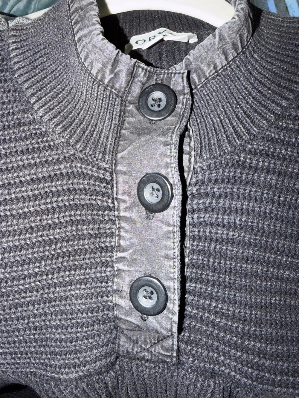 Men’s Orvis Washed Black Ribbed Henley Sweater with Cuff Patches. Sz L